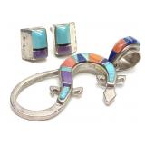 Calvin Begay Signed Sterling Pendant & Earrings
