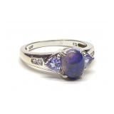 14K Gold Black Opal Amethyst & Diamond Ring sz 6.5