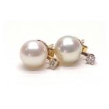 14K Gold Pearl & Diamond Stud Earrings (6.5mm)