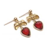 14K Gold Heart Garnet Bow Dangle Drop Earrings