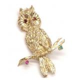 14K Gold Ruby, Emerald & Garnet Owl Brooch / Pin