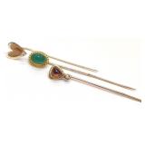 (3) 14K Gold Stick Pins (Carved Jade, Amber, Dia.)