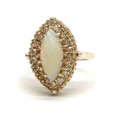 14K Gold Opal & Diamond Navette Halo Ring (sz 7)