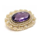 Victorian 14K Gold Amethyst & Seed Pearl Brooch