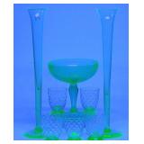 (8) Uranium Glass Bud Vases, Tumblers & Compote