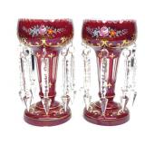 Pr of Ruby Red Enamel Mantle Lusters w/ Cut Prisms