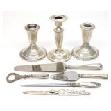 8 Sterling Silver Weighted Candlesticks & Flatware