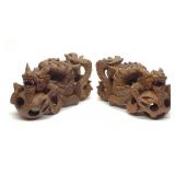 Pr of Asian Wood Carved Dragons w/ Ball Sculptures