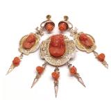 Victorian 14K Gold Carved Coral Brooch & Earrings