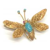 18K Gold Turquoise & Ruby Butterfly Brooch / Pin