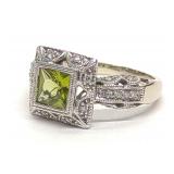 Art Deco 14K W Gold Peridot & Diamond Ring sz 7.75