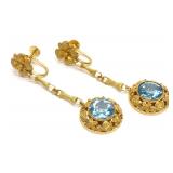 14K Yellow Gold Blue Zircon Screw Back Earrings