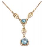 14K Yellow Gold Blue Zircon Lariat Necklace 16.5'L