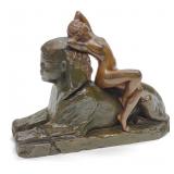 T. Herlinger Bronze Nude Woman on Sphinx Sculpture