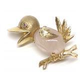 14K Gold Cabochon Rose Quartz & Ruby Bird Brooch