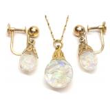 14K Gold Floating Opal Pendant Necklace & Earrings