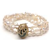 14K Nephrite Jade Triple Strand Pearl Bracelet
