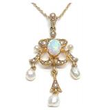 Edwardian 14K Gold Opal & Seed Pearl Necklace