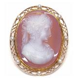 Vintage 14K Gold Carved Cameo Filigree Brooch