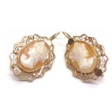 Pr of 14K Yellow Gold Caved Cameo Drop Earrings