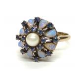 14K Gold Opal Sapphire & Pearl Cluster Ring sz6.75