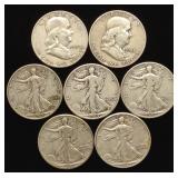 7 Walking Liberty & Franklin Half Dollar US Coins