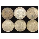 6 Peace Dollar US Coins (1922, 1923, 1935)