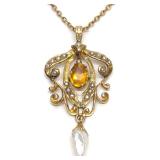 Art Nouveau 10K Gold Citrine & Seed Pearl Necklace