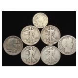 7 US Coins Walking Liberty & Barber Half + Quarter