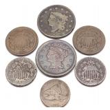 (7) 1800s US Large, Eagle & Shield Cent Coins
