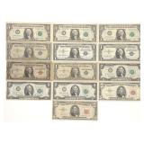 13 US Bank Notes (Silver Certs, Red & Green Seals)