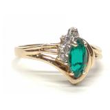 14K Yellow Gold Marquise Emerald & Diamond Ring