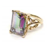 10K Yellow Gold Emerald Cut Mystic Topaz Ring sz 7