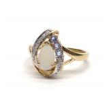 10K Yellow Gold Pear Opal & Tanzanite Ring sz 7