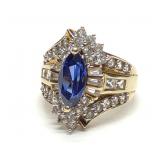10K Gold Lab Grown Sapphire & CZ Cluster Ring sz 7