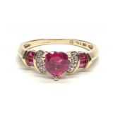 10K Gold Lab Ruby & Diamond Heart Ring (sz 7)