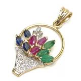 10K Sapphire Ruby Emerald & Diamond Basket Pendant