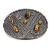 KW Signed Sterling Silver Tiger Eye Belt Buckle