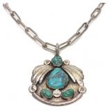 Native American Sterling & Turquoise Necklace 28'L