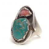 Effie Calavaza Zuni Sterling Turquoise Coral Ring