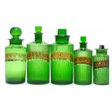 5 Green Apothecary Painted Label Glass Bottles