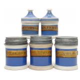 5 Antique Blue Ceramic Apothecary Pharmacy Jars