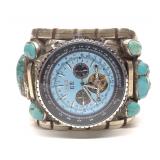 Turquoise & Coral Silver Plated Jaragar Cuff Watch