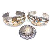 3pc 18K Gold & Sterling Silver Cuffs & Brooch