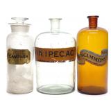 3 Large Apothecary Glass Druggist Shop Bottles