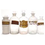 5 Apothecary Painted Label Glass Druggist Bottles