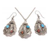 Sterling, Turquoise & Coral Necklace & Earring Set