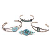 4 Sterling Silver & Turquoise Cuffs & Zuni Brooch