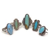 5 Sterling Silver & Turquoise Oblong Rings