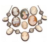 7 Sterling & .800 Silver Cameo Brooches & Necklace